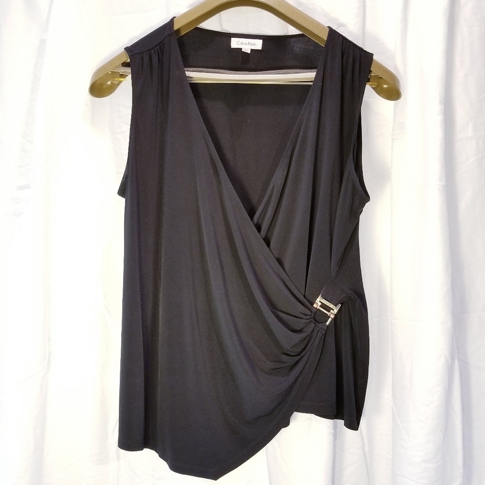 Calvin Klein Assymetric Semi Wrap top w/Gold Clip - Picture 1 of 8